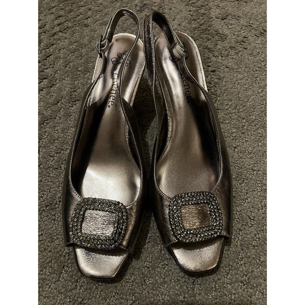 J Renee Women's Silver Pewter Metallic Rhinestone Slingback Heels Sz 6.5
